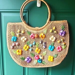 Vintage Cabana  Straw Purse Woven 1960s Beach Bag Raffia Floral Boho
